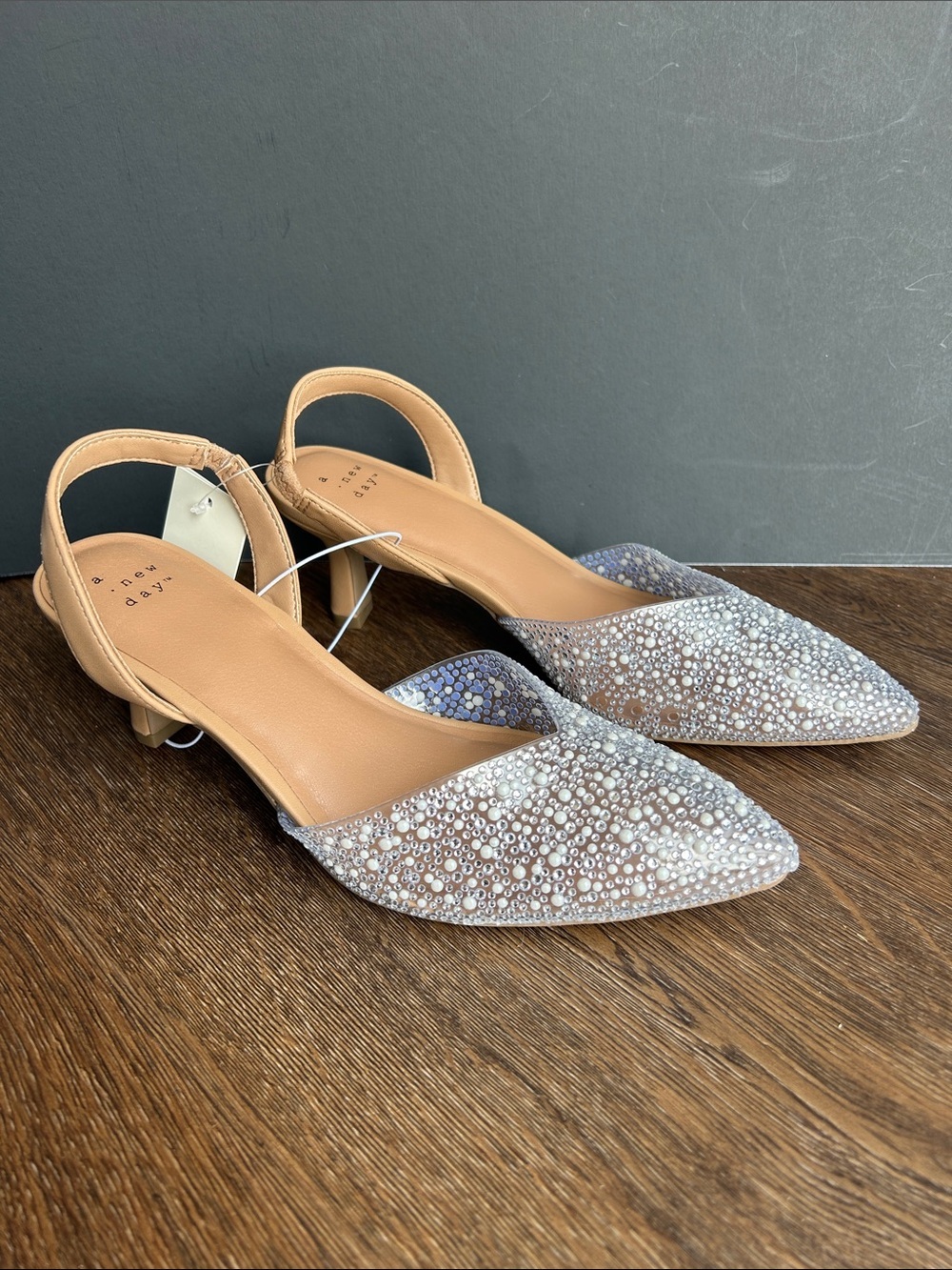 NWT a new day Sparkle Pointed Slingback Heels in Nude | Embellished Formal Heels